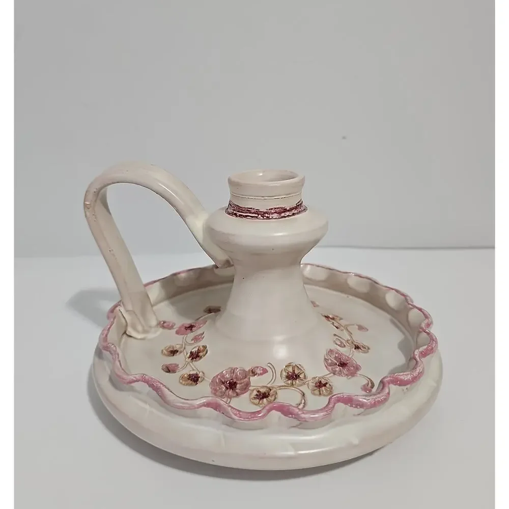 Hand Painted Ceramic Chamberstick Candle Holder Pink Scallop Edge Floral Motif